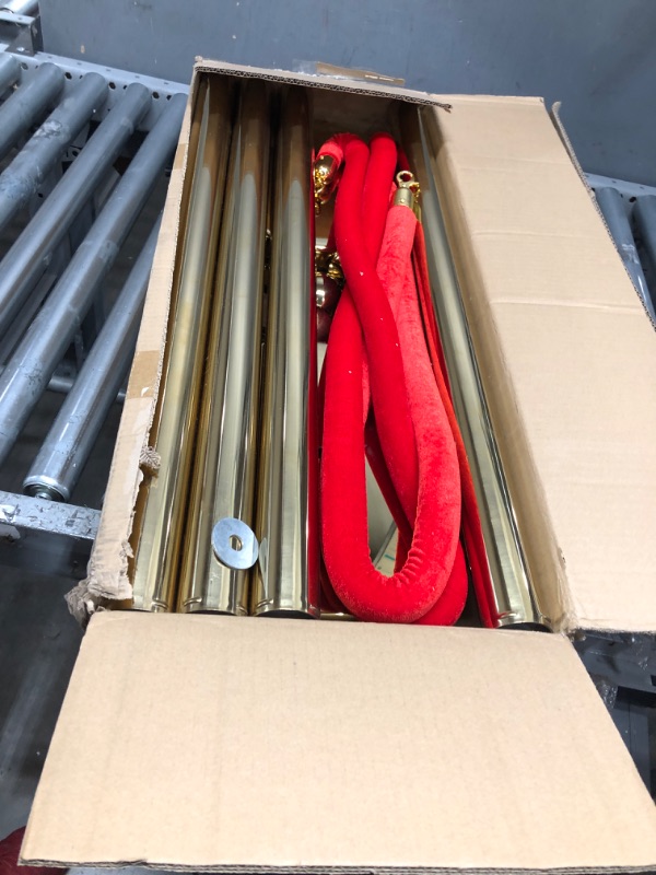 Photo 1 of Stainless Steel Stanchion Post Queue 5 ft Red Velvet Rope Red Carpet Ropes and Poles Crowd Control Barriers Sand Injection Hollow Base and Velvet Ropes Set for Party Supplies (4 Pieces, Gold) Gold 4