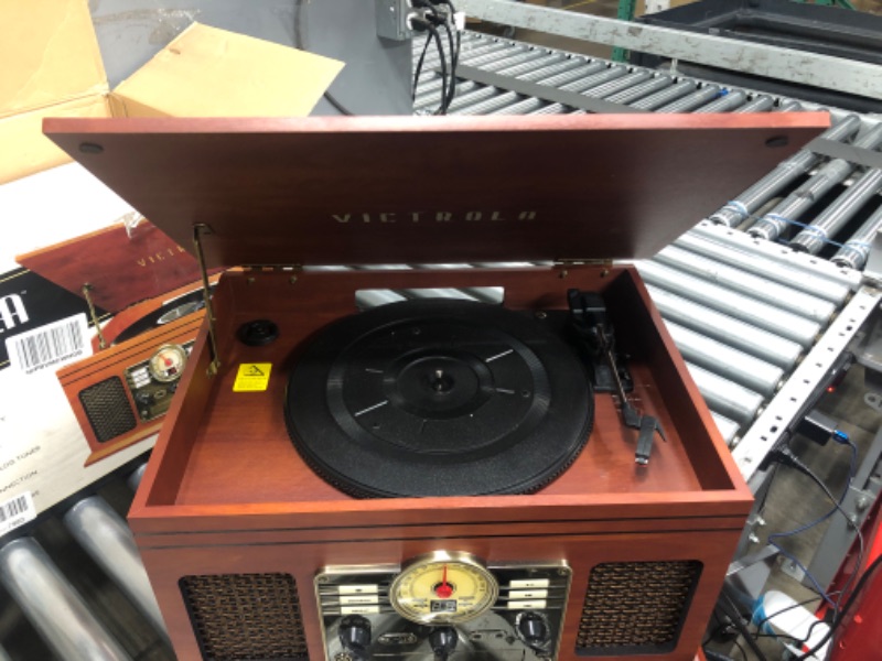 Photo 3 of Victrola Nostalgic 6-in-1 Bluetooth Record Player & Multimedia Center with Built-in Speakers - 3-Speed Turntable, CD & Cassette Player, FM Radio | Wireless Music Streaming | Mahogany Mahogany Entertainment Center