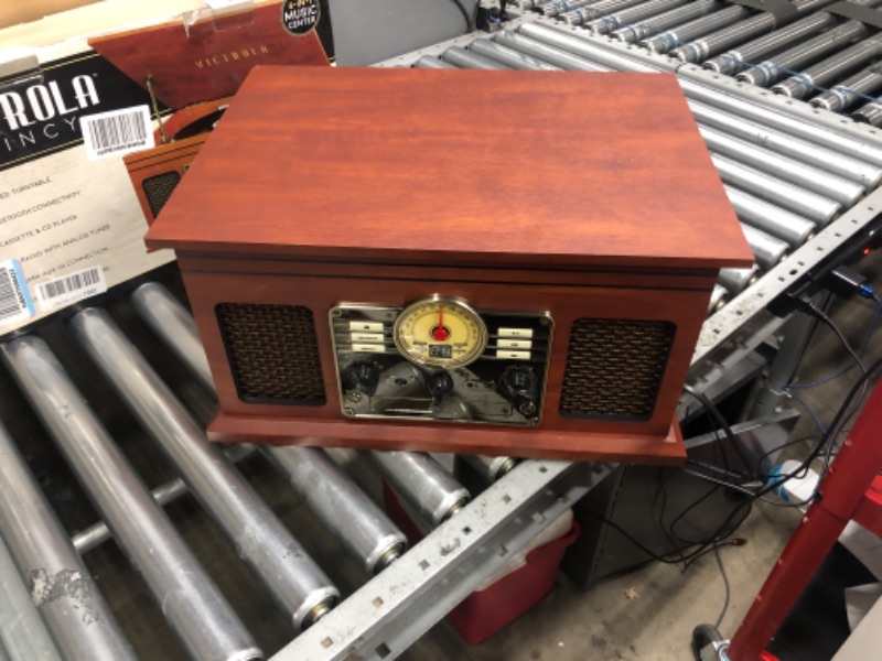 Photo 2 of Victrola Nostalgic 6-in-1 Bluetooth Record Player & Multimedia Center with Built-in Speakers - 3-Speed Turntable, CD & Cassette Player, FM Radio | Wireless Music Streaming | Mahogany Mahogany Entertainment Center