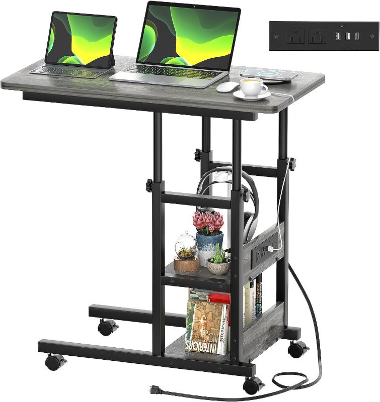 Photo 1 of Height Adjustable C Shaped End Table with Charging Station, Mobile Laptop Side Table with USB Port and Wheels, Sofa Couch Table with 2-Tier Storage Shelve for Living Room Bedroom, Grey Oak