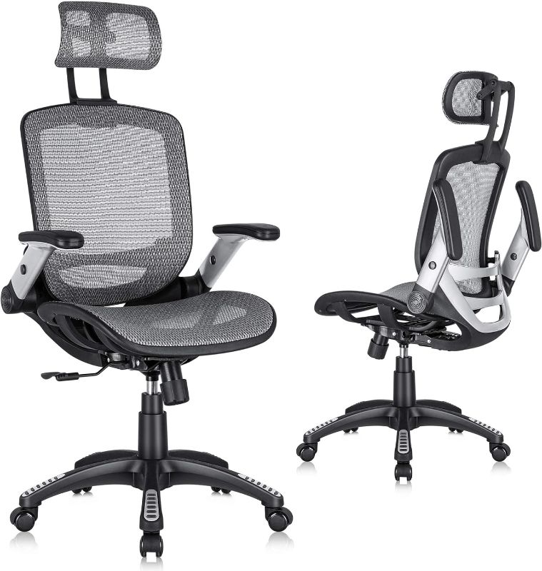 Photo 1 of FOR PARTS ONLY ***GABRYLLY Ergonomic Mesh Office Chair, High Back Desk Chair - Adjustable Headrest with Flip-Up Arms, Tilt Function, Lumbar Support and PU Wheels, Swivel Computer Task Chair, Grey
