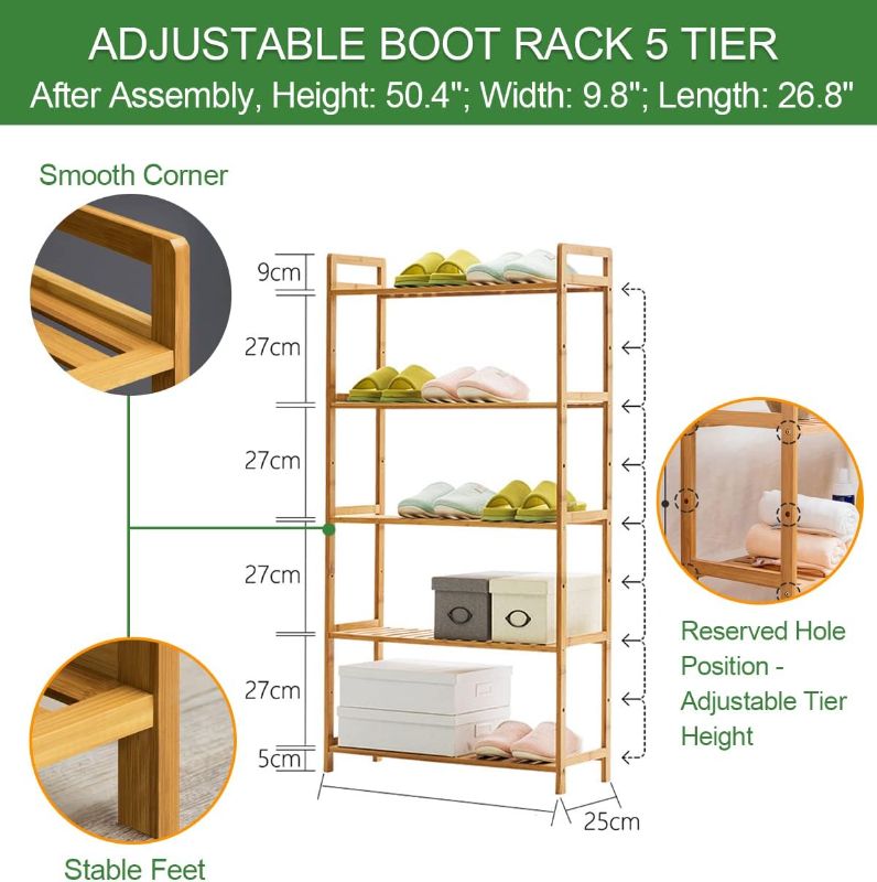 Photo 2 of OwizJade Wooden Shoe Rack 5 Tier | Adjustable Boot Rack for Closet | Bamboo & Wood Sturdy Versatile Storage Organizer Shelf for Entryway | Living Room | Bedroom | Bathroom | H51 x L27 x W10