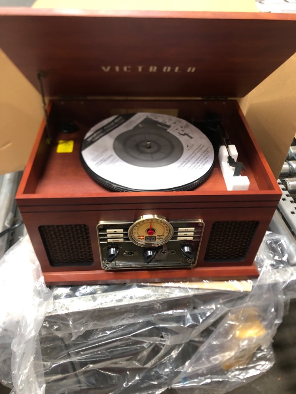 Photo 3 of Victrola Nostalgic 6-in-1 Bluetooth Record Player & Multimedia Center with Built-in Speakers - 3-Speed Turntable, CD & Cassette Player, FM Radio | Wireless Music Streaming | Mahogany Mahogany Entertainment Center