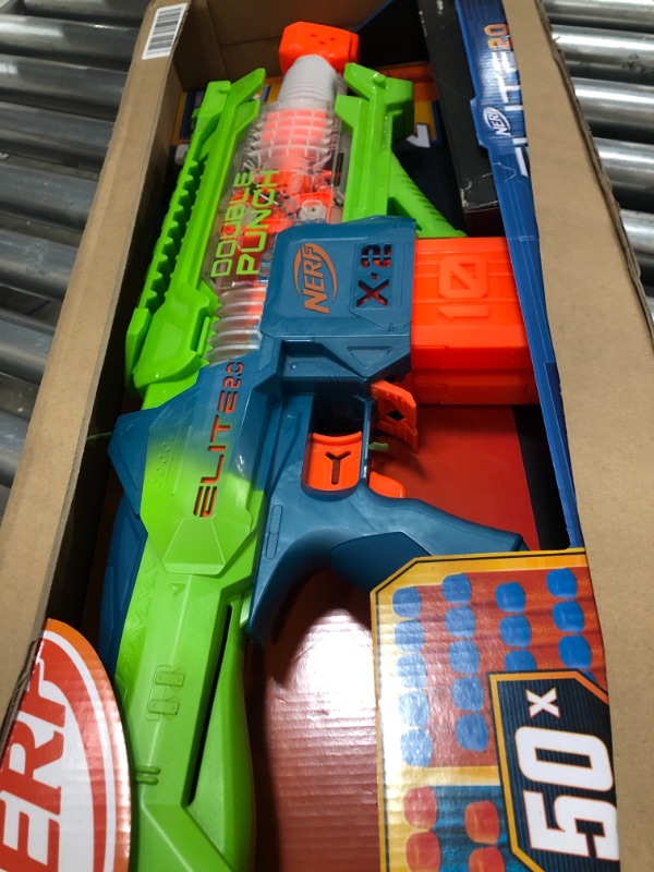 Photo 2 of Nerf Elite 2.0 Double Punch Motorized Dart Blaster, Rapid Alternating Barrels, 50 Nerf Elite Darts, 2X 10-Dart Clips, Ages 8 & Up