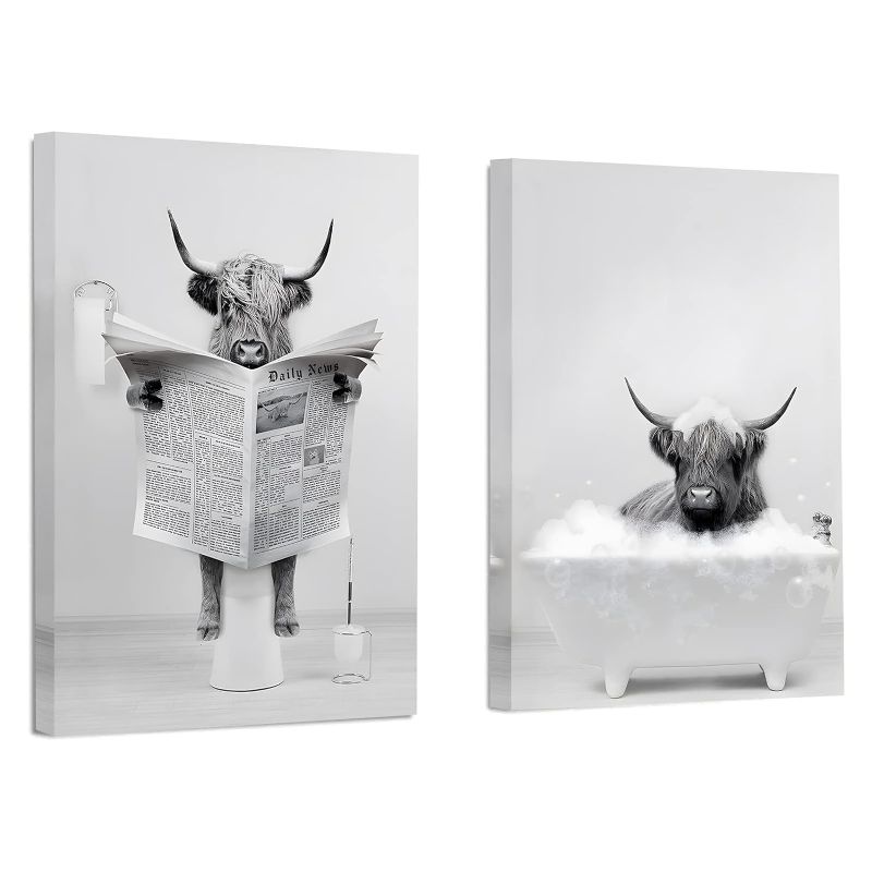 Photo 1 of 2PCS Funny Highland Cow Wall Art in Bathtub-Black and White Canvas Cow In Bathroom Picture-Humor Animals Bathroom Artwork Prints Rustic Farmhouse Style Wall Decor Ready To Hang for Bathroom Decor
