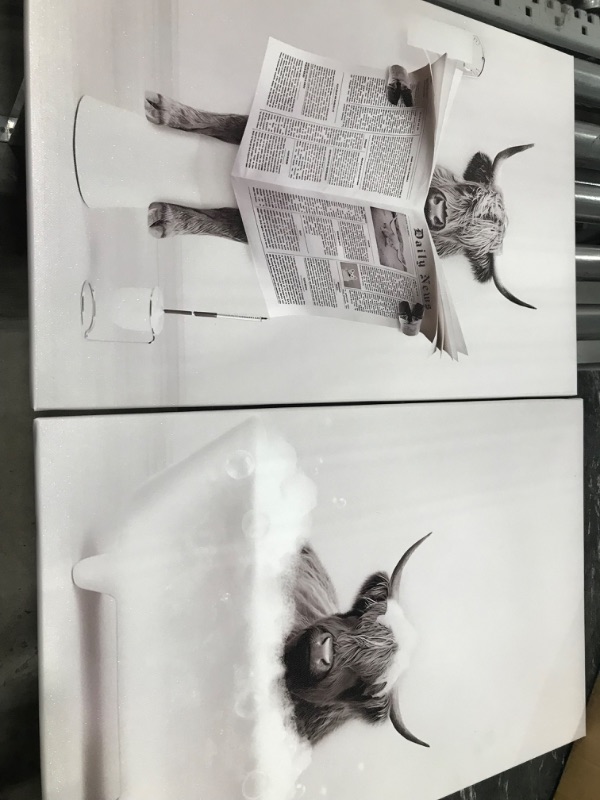 Photo 1 of 2PCS Funny Highland Cow Wall Art in Bathtub-Black and White Canvas Cow In Bathroom Picture-Humor Animals Bathroom Artwork Prints Rustic Farmhouse Style Wall Decor Ready To Hang for Bathroom Decor
