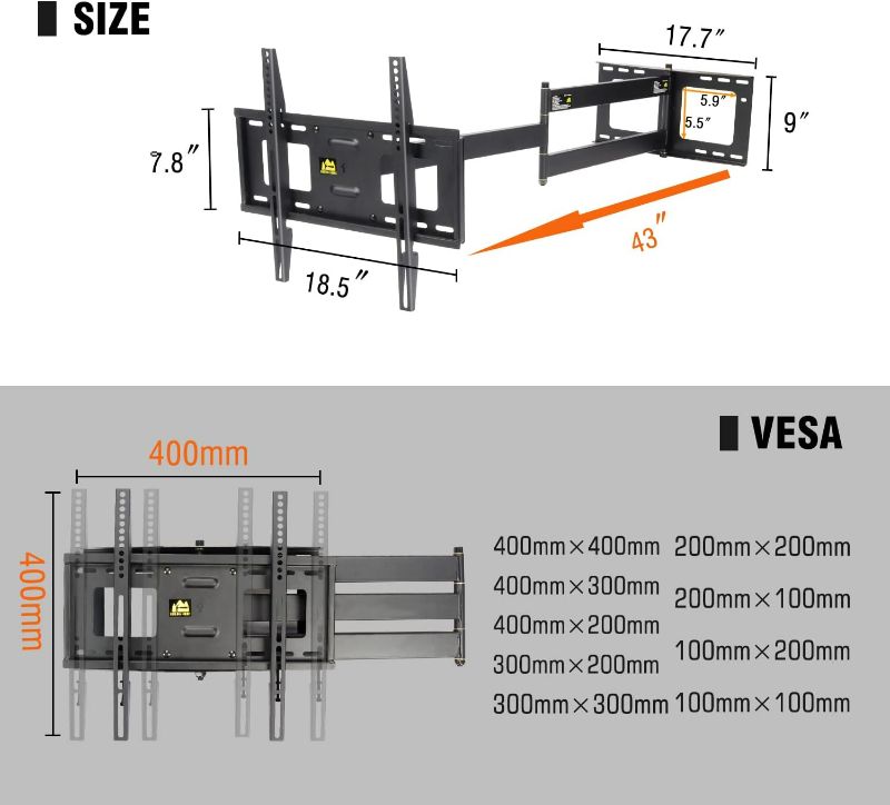 Photo 4 of (READ NOTES) TV Wall Mount with 43" Long Arm for Most 37-90inch TVs,Full Motion TV Mount with Dual Articulating Arms,Tilt Swivel TV Bracket Holds 154lbs,Fit 16-24" Wood Studs Max VESA600x400MM by FORGING MOUNT