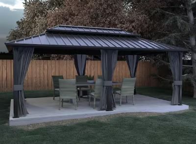 Photo 1 of 20 ft. x 12 ft. Aluminum Double Hardtop Gazebo with Grey Curtains and Netting
