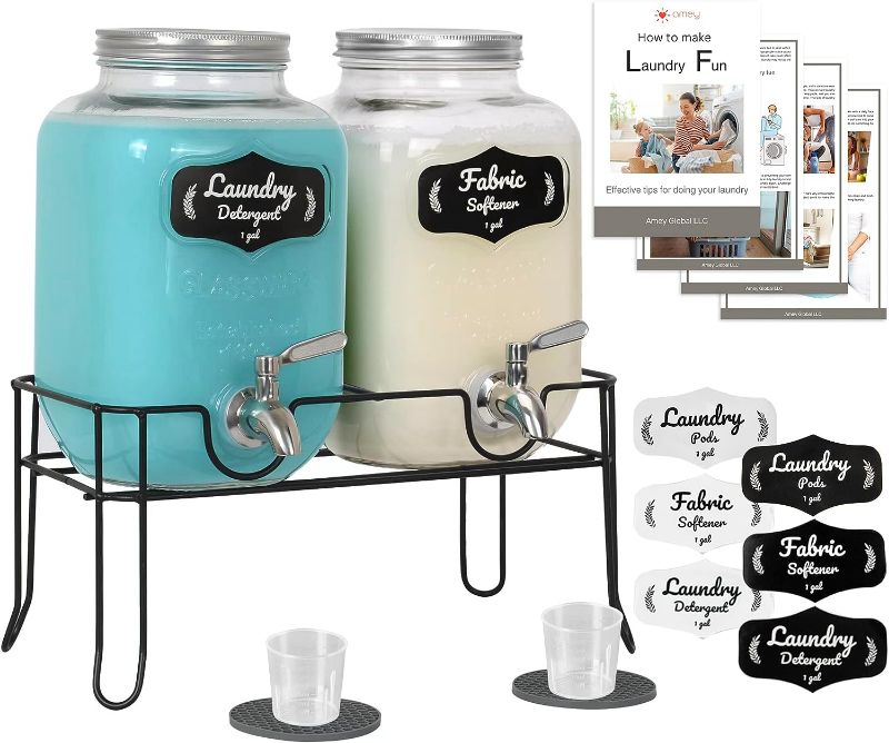 Photo 1 of AMEY 1 Gallon Decorative Fabric Softener & Laundry Soap Dispenser - Mason Jar with Spout, Screw Lid, Stand with Rubber Drip Mats - 2-Pack
