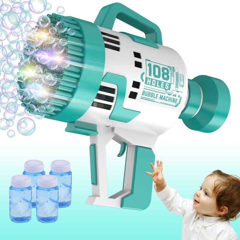 Photo 1 of 108 Holes Bubble Machine Gun -Upgraded Light Up Bubble Bazooka with Bubble Solution Electric Cannon Gun Blaster Bubbles Maker, Summer Outdoor Toys Gift for Birthday Wedding Party (Blue)