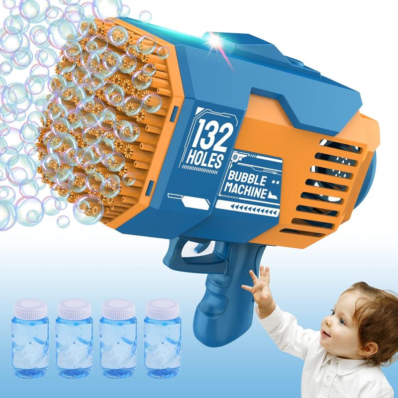 Photo 1 of 69 Holes Bubble Machine Gun - 2023 Upgraded Light Up Bubble Bazooka with Bubble Solution Electric Cannon Gun Blaster Bubbles Maker, Summer Outdoor Toys Gift for Birthday Wedding Party (Blue)