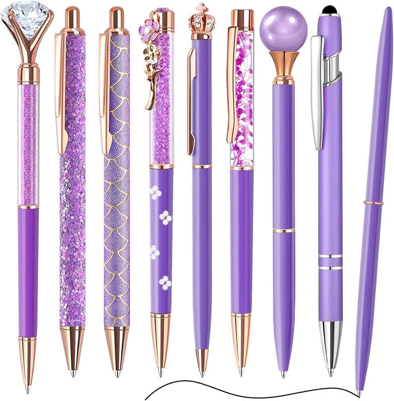 Photo 1 of Airevesket 9Pcs Purple Pens Set, Ballpoint Pens Set, Metal Crystal Diamond Pen, Black Ink Ballpoint Cute Pens Set, Purple Gifts for Women Girls Office Wedding Supplies (Purple)