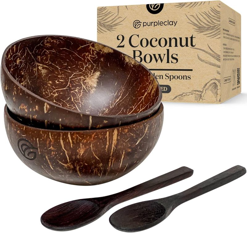 Photo 1 of  2 Polished Coconut Bowl and Wooden Spoons Set with Bamboo Straws • Natural Coconut Smoothie Bowls • Healthy Choice Coco Shell Acai & Buddha Bowls • Eco Friendly Vegan Gifts
