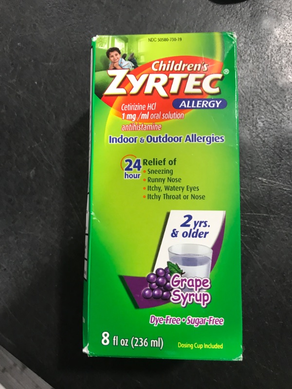 Photo 2 of Zyrtec 24 Hour Children's Allergy Syrup with Cetirizine HCl, Antihistamine Allergy Medicine for Indoor & Outdoor Allergy Relief for Kids, Dye-Free & Sugar-Free, Grape Flavor, 8 fl. oz Grape 8 Fl Oz (Pack of 1) EXP 10, 2024