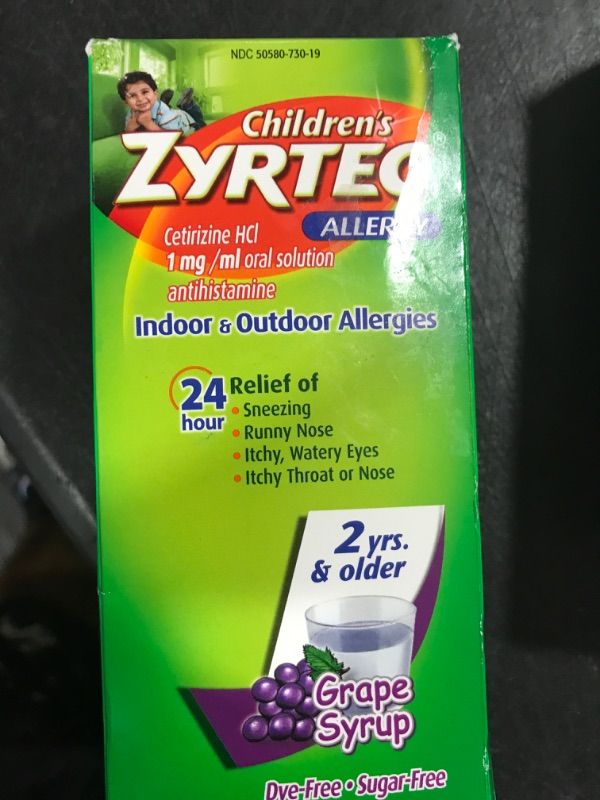 Photo 2 of Zyrtec 24 Hour Children's Allergy Syrup with Cetirizine HCl, Antihistamine Allergy Medicine for Indoor & Outdoor Allergy Relief for Kids, Dye-Free & Sugar-Free, Grape Flavor, 8 fl. oz Grape 8 Fl Oz (Pack of 1) EXP  10/2024