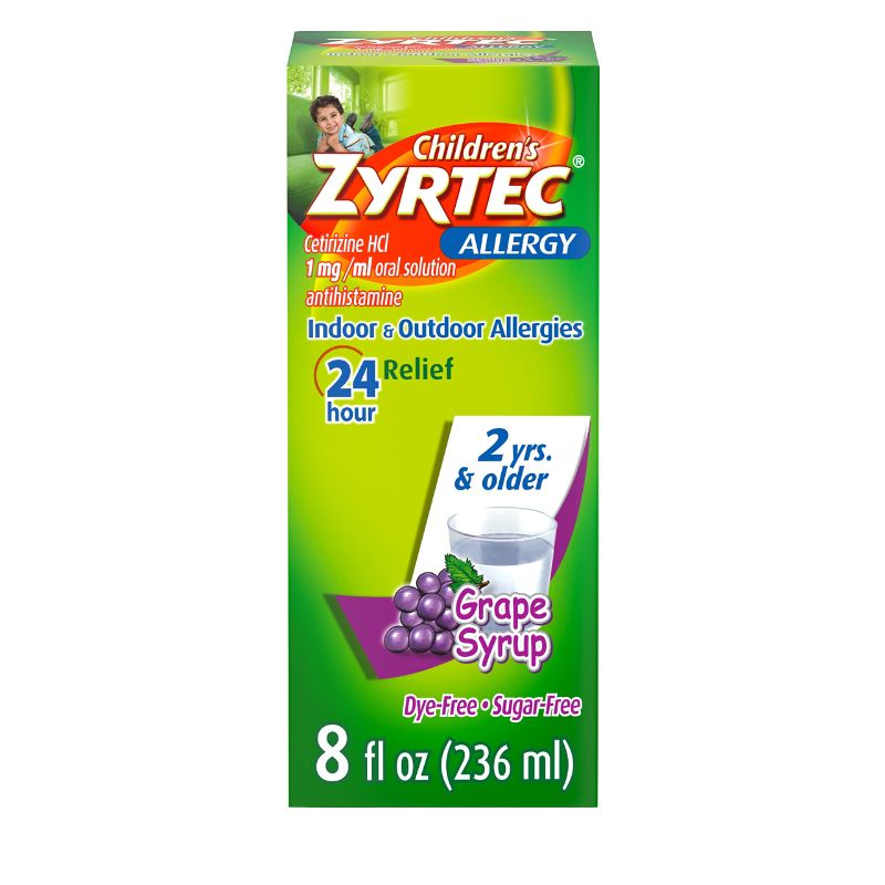 Photo 1 of Zyrtec 24 Hour Children's Allergy Syrup with Cetirizine HCl, Antihistamine Allergy Medicine for Indoor & Outdoor Allergy Relief for Kids, Dye-Free & Sugar-Free, Grape Flavor, 8 fl. oz Grape 8 Fl Oz (Pack of 1) EXP  10/2024