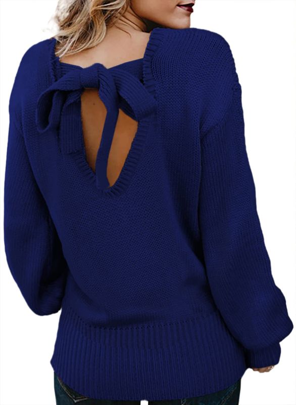 Photo 1 of Asvivid Women Criss Cross V Back Sweaters Fall Trendy Long Sleeve Crewneck Knitted Pullover Jumper Top X-Large G Blue