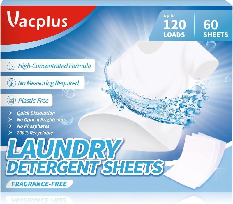 Photo 1 of 2 Pack Vacplus Laundry Detergent Sheets Natural - (120 Loads) 60 Sheets Fragrance Free Liquidless Bulk Laundry Detergent, Biodegradable Laundry Strips, Travel-Friendly & Plastic-Free Efficient Laundry Detergent
