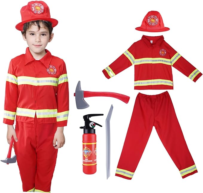 Photo 1 of cheerdecor Firefighter Costume for Kids - Toddler Fireman Costume Set Fireman Dress up Realistic Fireman Costume Outfits M