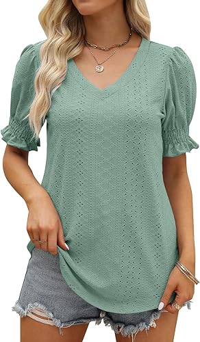 Photo 1 of AFVETUT Womens Summer Top Sexy V Neck Petal Short Sleeve Shirt Casual Flowy Solid Color Blouse Tees Tops 2XL