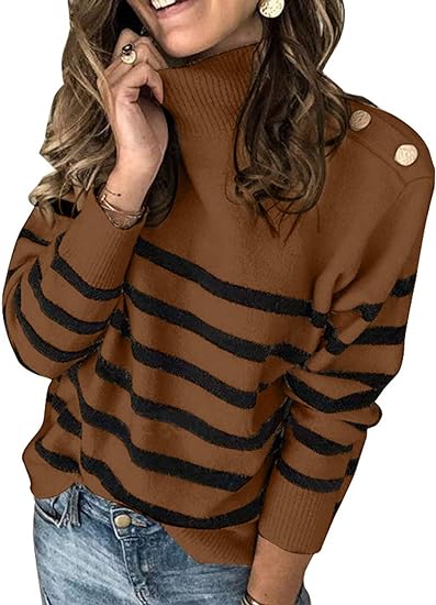 Photo 1 of Asvivid Striped Turtleneck Button Knit Sweaters for Women Lightweight Long Sleeve Knit Pullover Jumper Tops L
