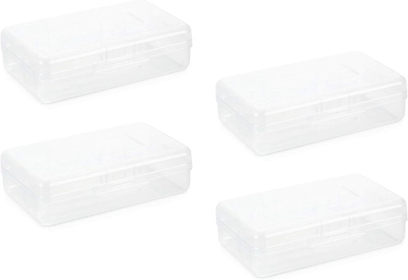 Photo 1 of Blue Summit Supplies Clear Plastic Pencil Boxes, Translucent Pencil Boxes for School, Crayon and Marker Boxes with Hinged Lids for Classroom or Office Storage, 4 Pack