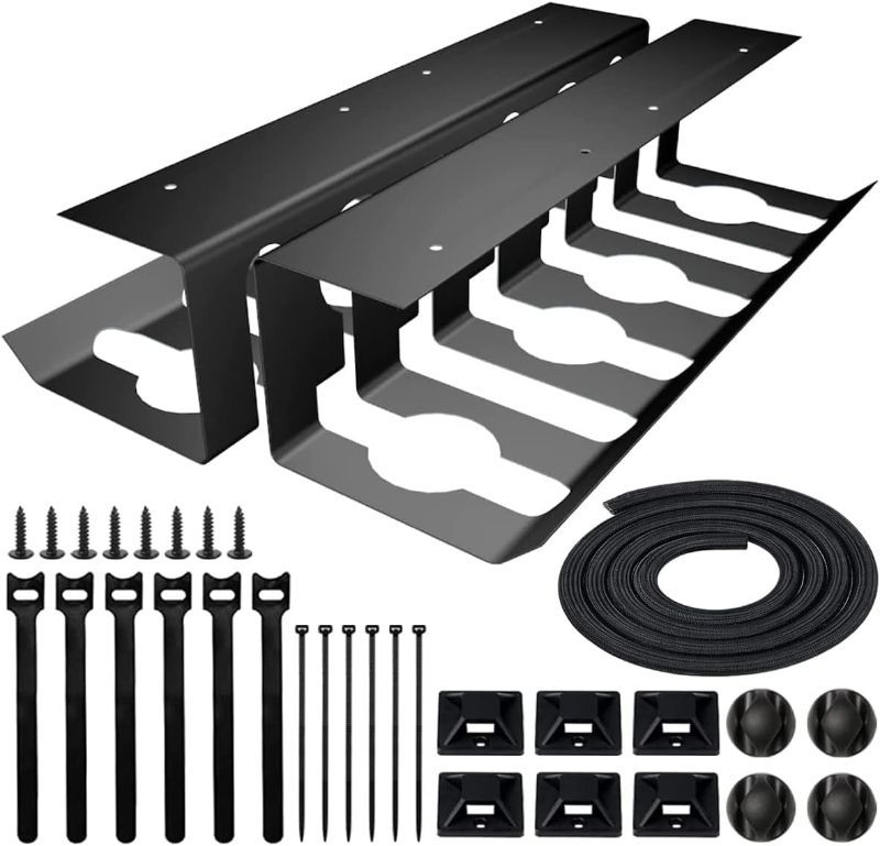 Photo 1 of OASHISU 2Pack Under Desk Cable Management Tray in Steel with Cord Management Organizer Kit Cable Sleeves Cable Clips Holder Self Adhesive Tie Fastening Cable Ties for Office & Home Black Cable Raceway