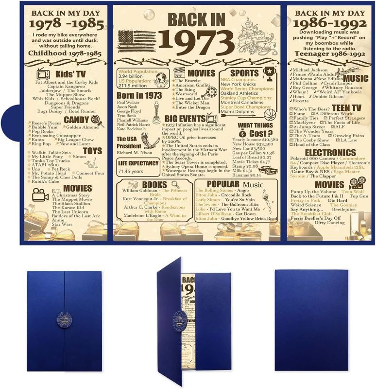 Photo 1 of 50th Birthday Decorations Party Poster, Party Supplies Anniversary Decorations Birthday Gifts for Women & Men Turning 50 Years Old, 50th Anniversary Certificate Gift, Back in 1973?Blue Shell Surface?