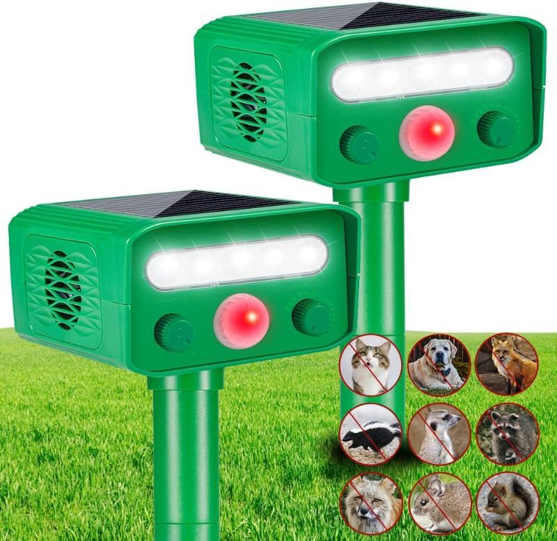 Photo 1 of 2 Pcs Solar Animal Repeller USB Rechargeable Ultrasonic Deer Repellent Devices for Cat Deer Dog Coyote Rabbit Skunk, Waterproof Animal Deterrent Outdoor with Motion Sensor Flashing Light Speaker