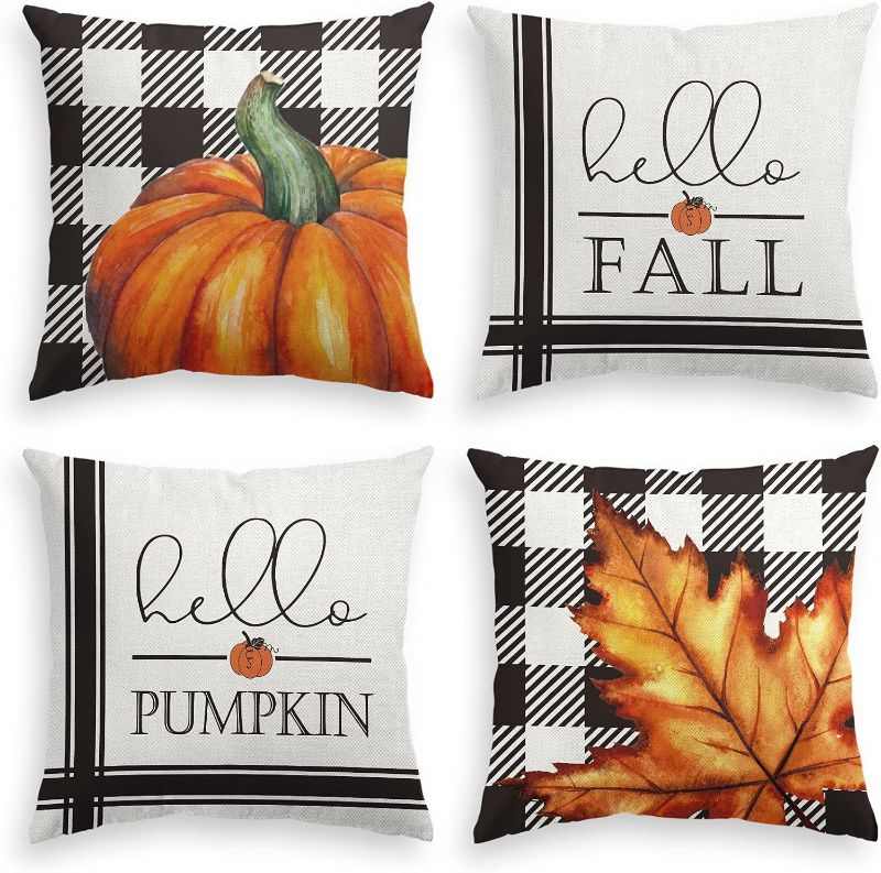 Photo 1 of AVOIN colorlife Fall Black and White Buffalo Plaid Pumpkin Thanksgiving Throw Pillow Covers, 16 x 16 Inch Autumn Maple Leaf Cushion Case for Sofa Couch Set of 4 