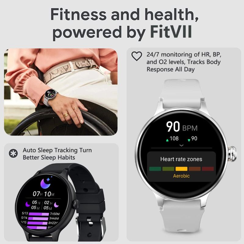 Photo 1 of FITVII Smart Watch Answer/Make Call, Fitness Tracker with 24/7 Blood Pressure Heart Rate and Blood Oxygen Monitor, Sleep Tracker Calorie Step Counter Waterproof Smartwatch for Android iOS Women Men
