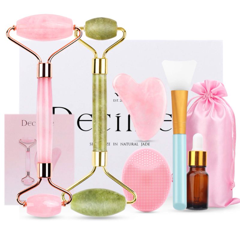 Photo 1 of Deciniee Jade Roller for Face,Gua Sha Massage Tool,Rose Quartz Jade Roller and Gua Sha 6 in 1 Face Massager Women Gift Set,Anti-Aging Authentic Facial Beauty Roller-Rejuvenate Skin and Remove Wrinkles
