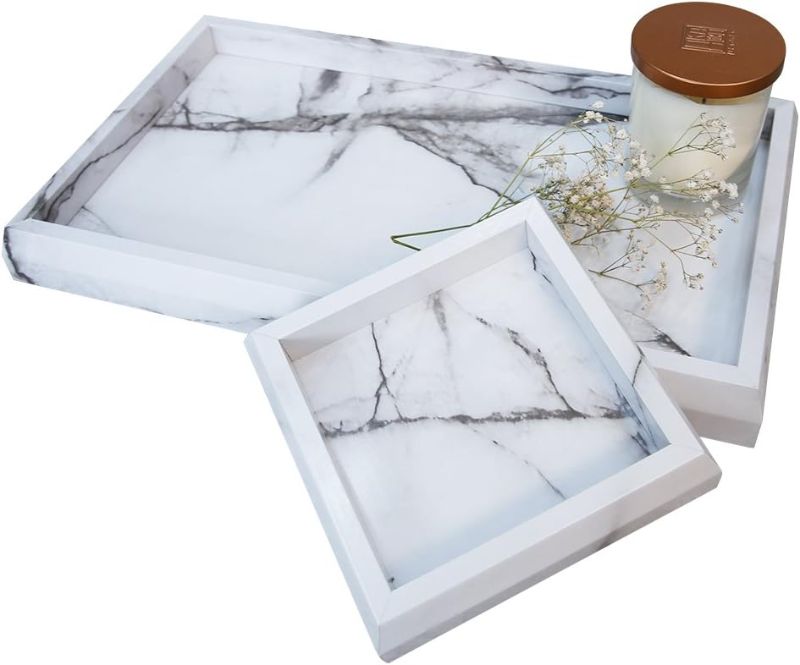 Photo 1 of 2 Pcs Marble Print Vanity Tray Set