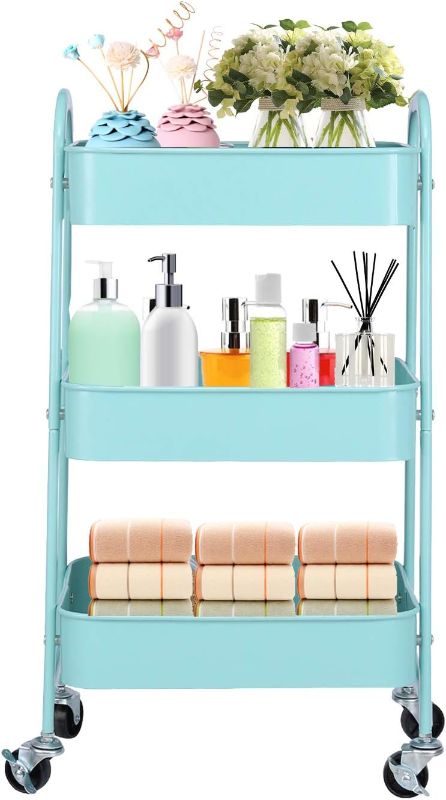 Photo 1 of 3-Tier Metal Mesh Utility Rolling Cart Storage Organizer with Wheels, Turquoise
