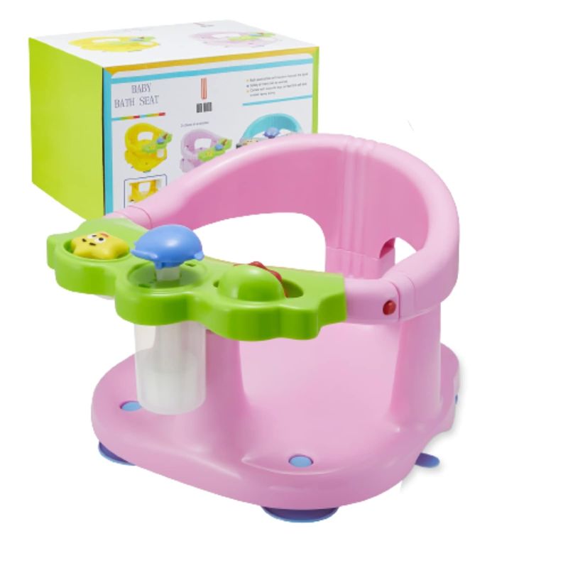 Photo 1 of Baby Bath Seat [Original] - Ergonomic Backrest – Side Opening Design – 2 Rotating Toys + 1 Pressing Toy – 4 Strong Anti-Slip Suction Cups – Ideal Gift for Baby 6-36 Months! (Pink/)
