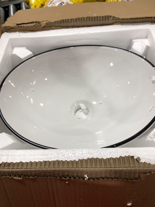 Photo 2 of VOKIM 16" x 13" Oval Vessel Sink and Faucet Combo -Modern Egg Shape Above Counter Bathroom Vanity Bowl, White Body with Black Trim on The Top