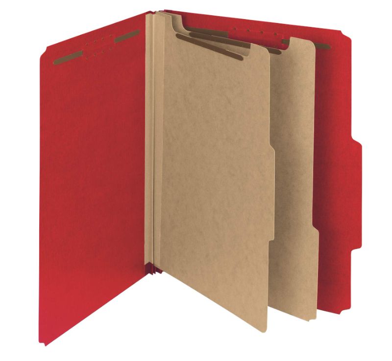 Photo 1 of Smead 100% Recycled Pressboard Classification File Folder, 2 Dividers, 2" Expansion, Letter Size, Bright Red, 10 per Box (14061)