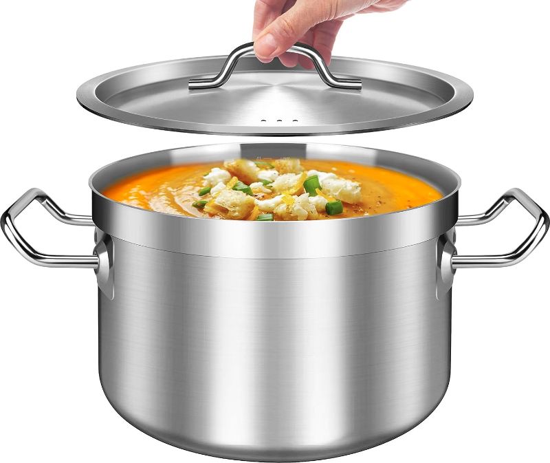 Photo 1 of Falaja Large Stock Pot Set- 20 Quart - Include Silicone Ladle, Slotted Spoon and Spatula - Stainless Steel Cooking Pot, Soup Pot with Lid, Big Pots for Cooking, Induction Pot Stew Pot Pozole Pot 20QT