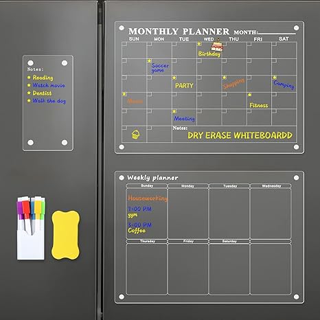 Photo 1 of Roshtia 3 Set Acrylic Magnetic Dry Erase Board and Calendar for Fridge Clear Planner Board Reusable Monthly Weekly Calendar with Note, 6 Markers, Magnet Cup and Eraser for Refrigerator 