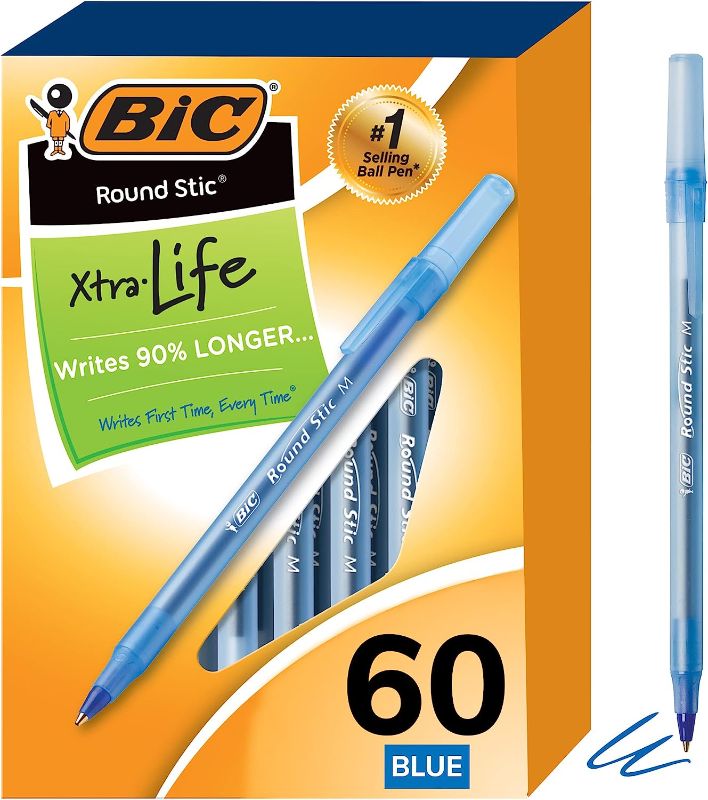 Photo 1 of 2-Pack BIC Round Stic Xtra Life Blue Ballpoint Pens, Medium Point (1.0mm), 60-Count Pack of Bulk Pens, Flexible Round Barrel for Writing Comfort, No. 1 Selling Ballpoint Pens
