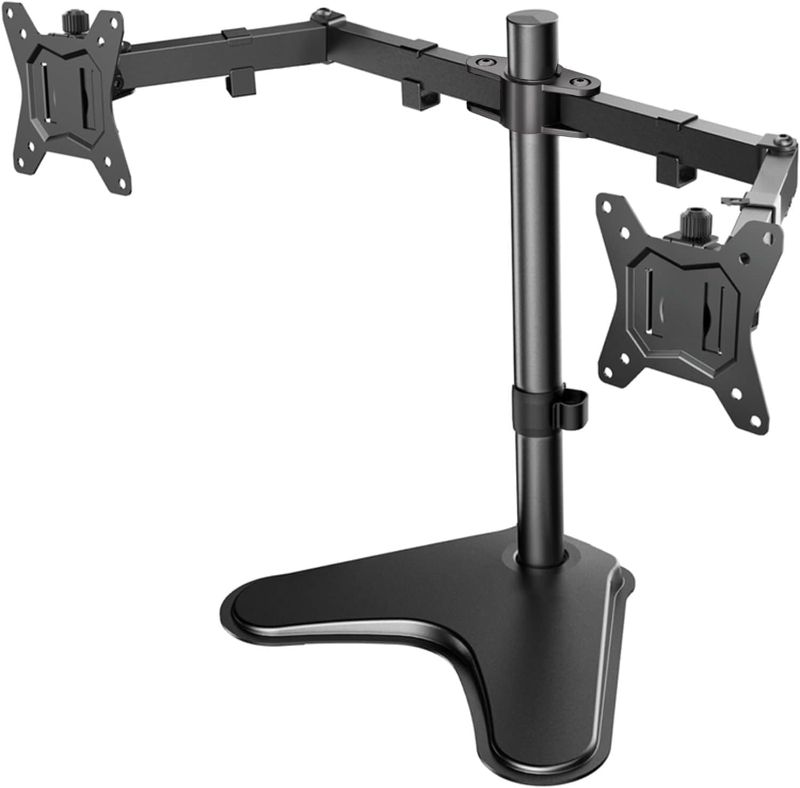 Photo 1 of HUANUO Dual Monitor Stand, 32 inch Free Standing Monitor Desk Mount, Fully Adjustable Dual Monitor Arm with Vesa Mount 100x100 Max, Computer Monitor Desk Stands for 2 Monitors, Black, HNCM1
