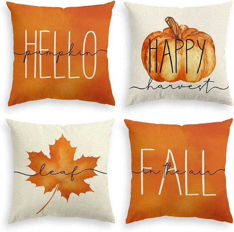 Photo 1 of Fall Outdoor Pillow Covers, 18 x 18 inch Set of 4 Waterproof Throw Pillow Cases, Thanksgiving Cushion Decor for Home Outside Patio Front Porch House Farmhouse(Style D)
