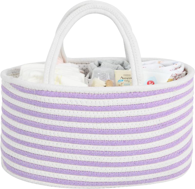 Photo 1 of Baby Diaper Caddy Organizer for Girl Boy Cotton Rope Nursery Storage Bin Basket Portable Holder Tote Bag for Changing Table Car Baby Shower Gifts Newborn Essentials Registry Must Haves Purple tripe