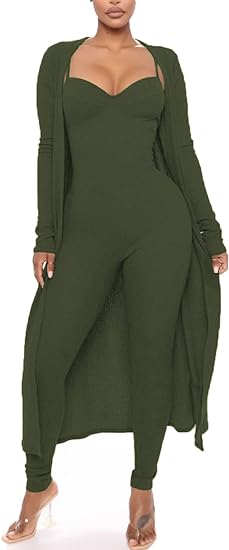 Photo 1 of Cosygal Women's 3 Piece Outfits Tracksuit Fall Winter Crop Top Cardigan and Wide Leg Long Pants Jumpsuit Two Three Piece Sets - Small, Army Green
