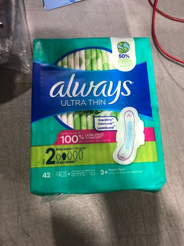 Photo 2 of Always Ultra Thin, Feminine Pads For Women, Size 2 Long Super Absorbency, With Wings, Unscented, 42 Count 42 Count (Pack of 1)