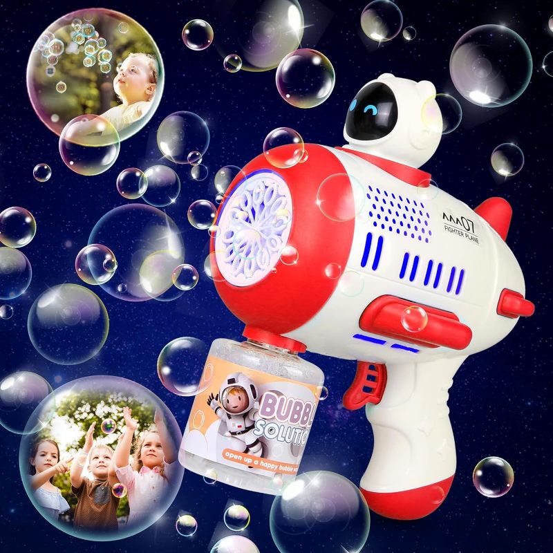 Photo 1 of Bubble Guns for Kids Toddler, 12 Hole Bubble Machine Bubble Blower with LED Lights, 360°Leak-Proof Design Space Bubble Blaster for Birthday Party Summer Outdoor Toys for Kids Ages 4-8 (Red)
