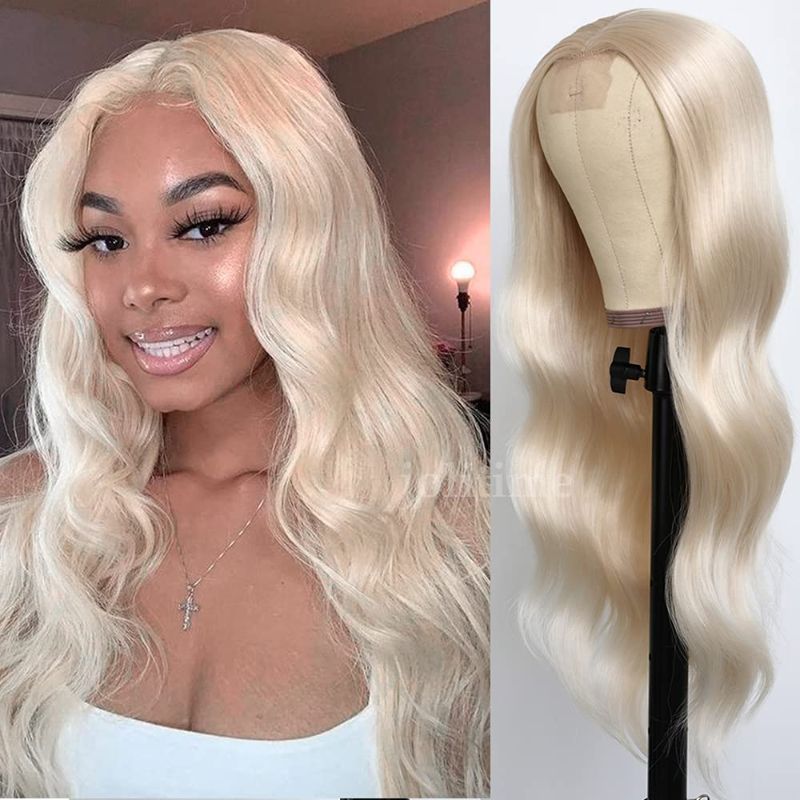 Photo 1 of Jolitime Hair Blonde Synthetic No Lace Wig Platinum Blonde Middle Part Long Body Wave Synthetic Small Edge Lace Front Wig Natural Hairline Heat Resistant Fiber Hair Replacement Wig for Women