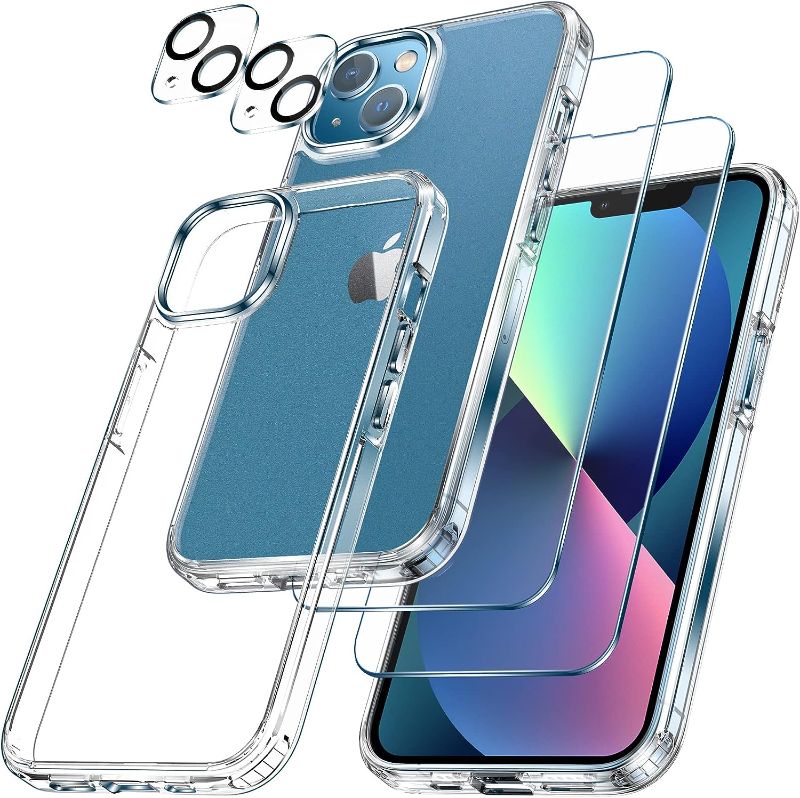 Photo 1 of LK [5-in-1 for iPhone 13 Case, with 2 Pack Tempered Glass Screen Protector + 2 Packs Lens Protector, Matte-Finish, All-Round Protection, Shockproof, Anti-Scratches Kit for iPhone 13 case CLEAR