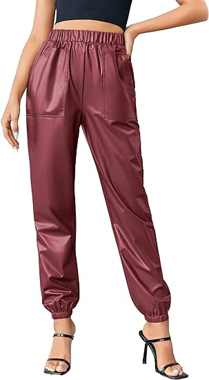Photo 1 of (L) Womens Faux Leather Pu Pants High Waisted Pleather Stretchy Joggers with Pockets