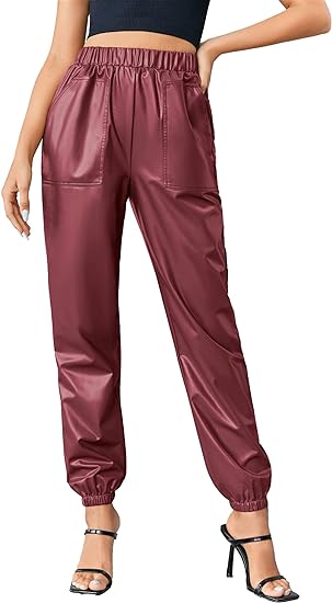 Photo 1 of (M) Womens Faux Leather Pu Pants High Waisted Pleather Stretchy Joggers with Pockets